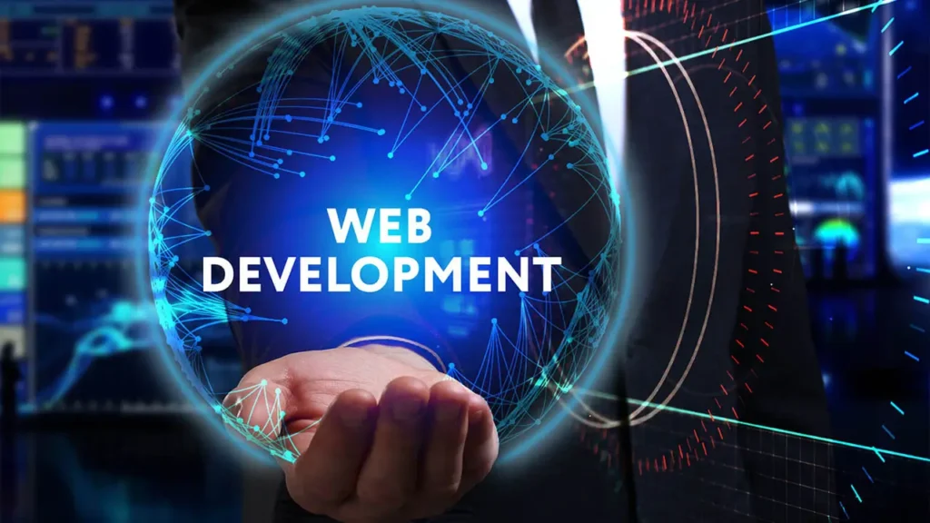 Web development in businessman hand with digital connections