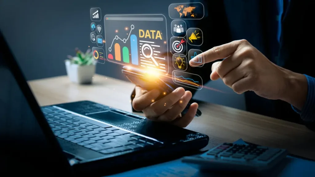 Businessman analyzing Digital Marketing data on mobile with data analytics overlay