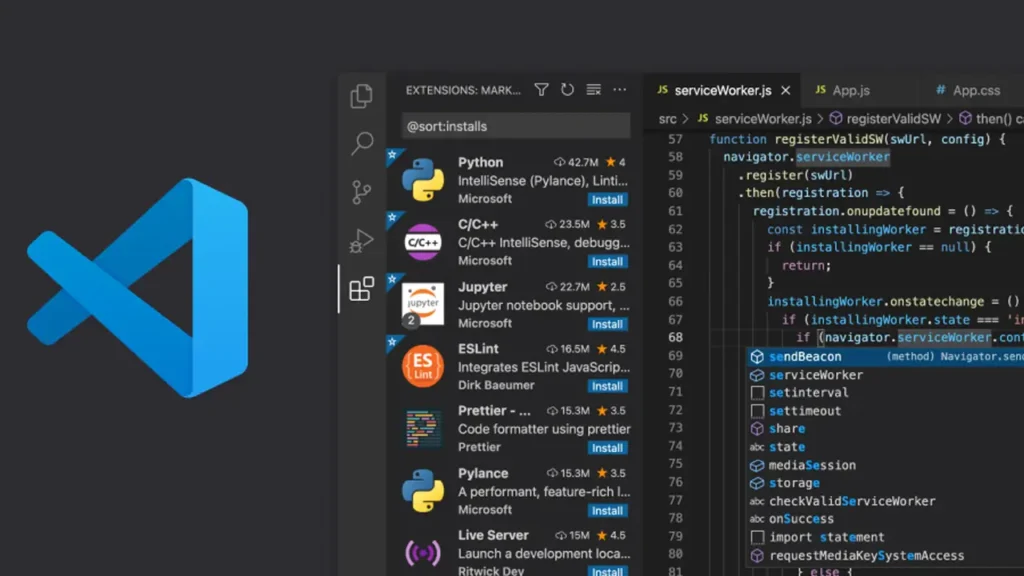 Visual Studio Code interface with popular extensions and JavaScript code – Web Development Tools in action